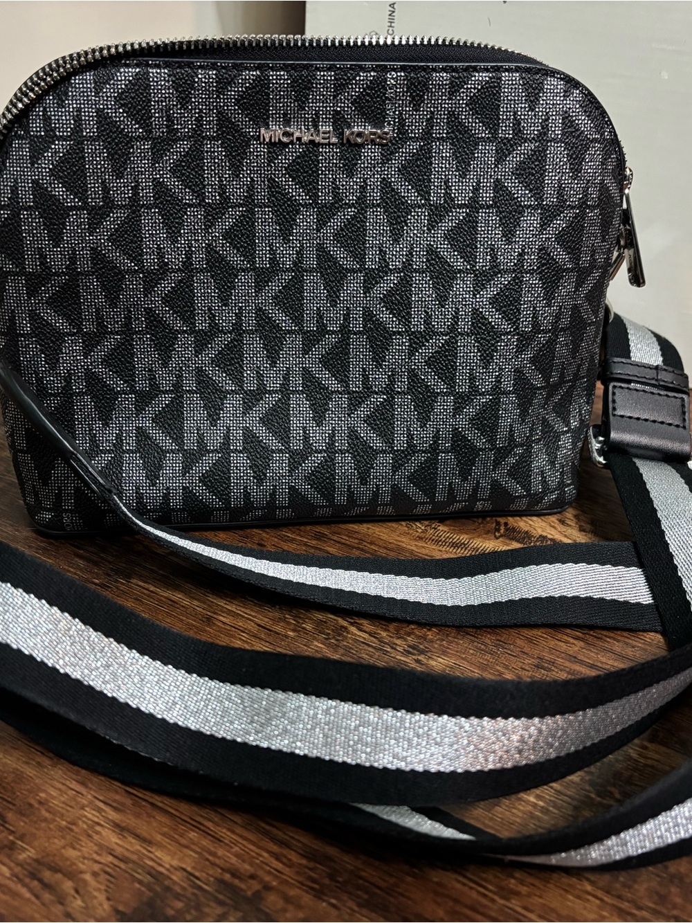 Michael Kors Black and Silver MK Logo Crossbody Bag